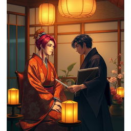 An intimate and atmospheric scene set in a private room in Yoshiwara, featuring a magenta-haired male courtesan dressed in an ornate kimono, engaging with a midnight indigo-haired male painter