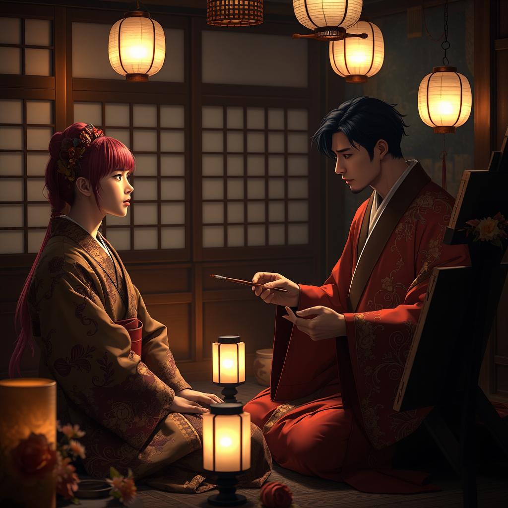 An intimate and atmospheric scene set in a private room in Yoshiwara, featuring a magenta-haired male courtesan dressed in an ornate kimono, engaging with a midnight indigo-haired male painter