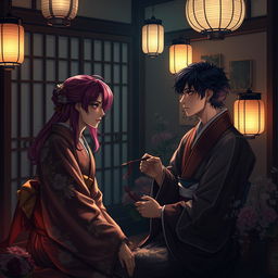 An intimate and atmospheric scene set in a private room in Yoshiwara, featuring a magenta-haired male courtesan dressed in an ornate kimono, engaging with a midnight indigo-haired male painter