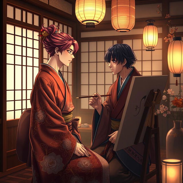 An intimate and atmospheric scene set in a private room in Yoshiwara, featuring a magenta-haired male courtesan dressed in an ornate kimono, engaging with a midnight indigo-haired male painter