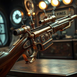 An intricate and beautifully designed Artemis Rifle in a steampunk style, featuring brass and copper elements such as gears, tubes, and ornate engravings