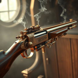 An intricate and beautifully designed Artemis Rifle in a steampunk style, featuring brass and copper elements such as gears, tubes, and ornate engravings