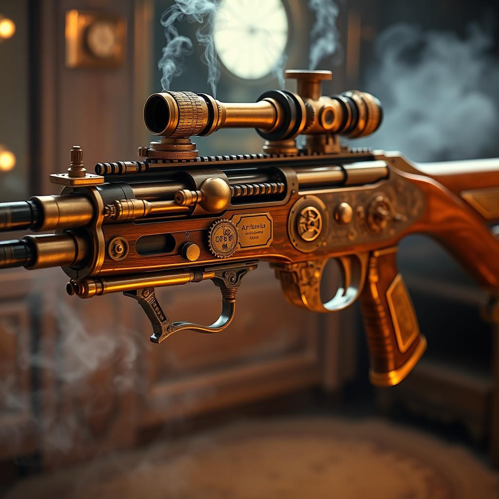 An intricate and beautifully designed Artemis Rifle in a steampunk style, featuring brass and copper elements such as gears, tubes, and ornate engravings