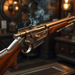 An intricate and beautifully designed Artemis Rifle in a steampunk style, featuring brass and copper elements such as gears, tubes, and ornate engravings