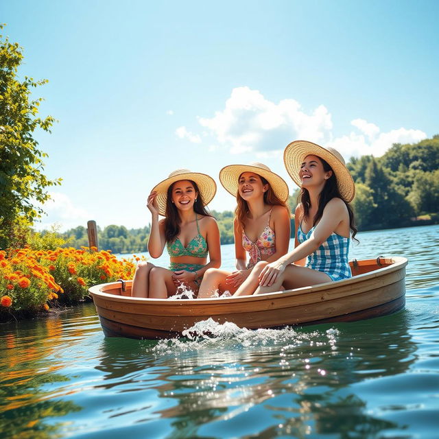 A serene scene depicting three young women enjoying a sunny day on a picturesque lake, sitting in a small wooden rowboat