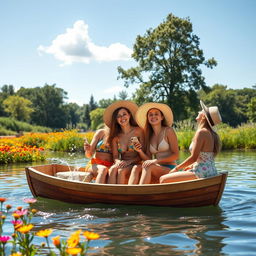 A serene scene depicting three young women enjoying a sunny day on a picturesque lake, sitting in a small wooden rowboat