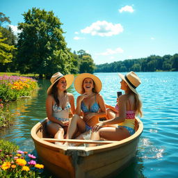 A serene scene depicting three young women enjoying a sunny day on a picturesque lake, sitting in a small wooden rowboat