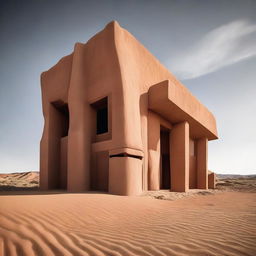 A distinct and beautiful architectural masterpiece, carved from sandstone, standing amidst the spare and stark beauty of a desert, styled in avant-garde aesthetics.