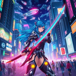 A vibrant and highly detailed anime scene set in a bustling futuristic city at night, illuminated by neon lights