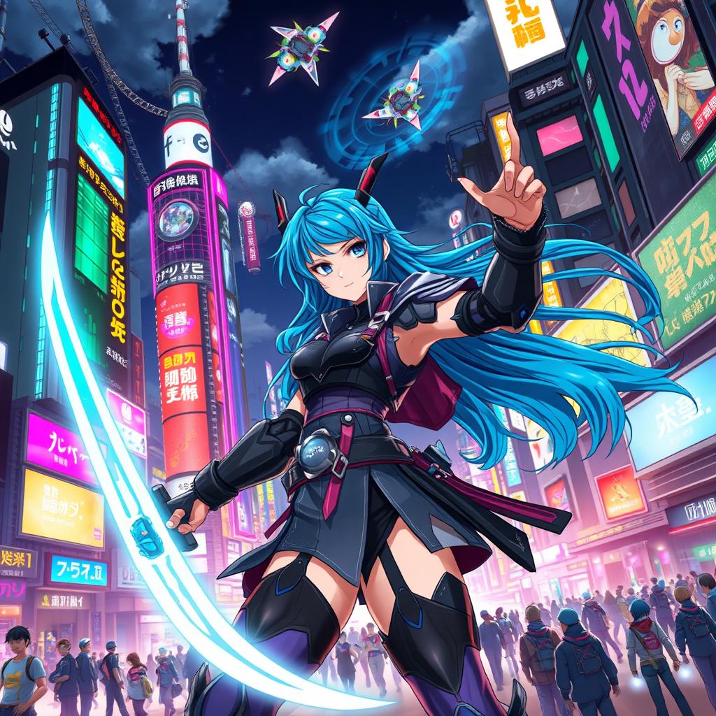 A vibrant and highly detailed anime scene set in a bustling futuristic city at night, illuminated by neon lights