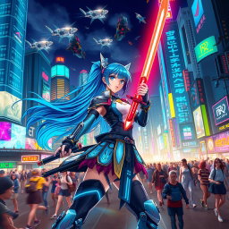 A vibrant and highly detailed anime scene set in a bustling futuristic city at night, illuminated by neon lights