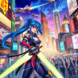 A vibrant and highly detailed anime scene set in a bustling futuristic city at night, illuminated by neon lights