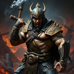 Henry Kronfle depicted as a fierce Mortal Kombat warrior, dressed in intricate, battle-worn armor that reflects a blend of ancient and modern styles