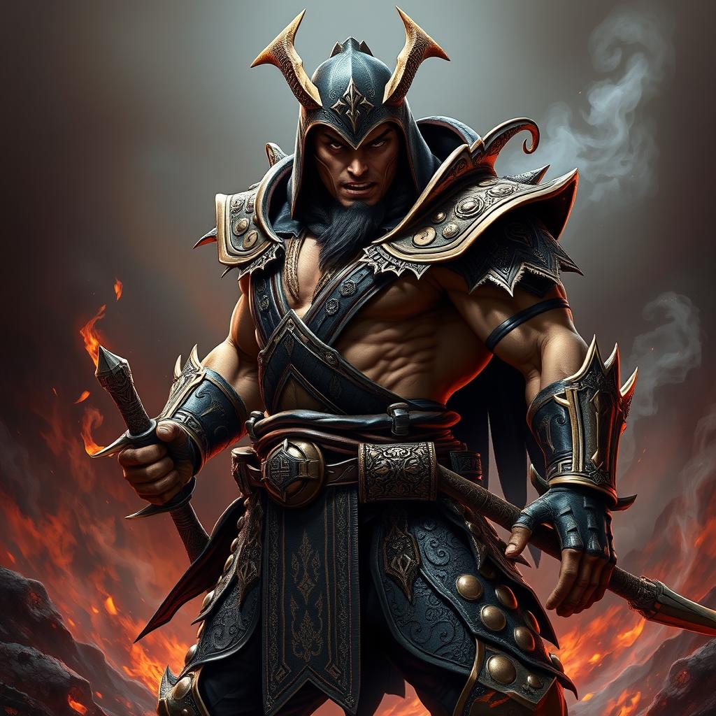 Henry Kronfle depicted as a fierce Mortal Kombat warrior, dressed in intricate, battle-worn armor that reflects a blend of ancient and modern styles