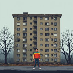 A pixel art illustration of a large, dilapidated apartment building, characterized by its cracked and peeling exterior