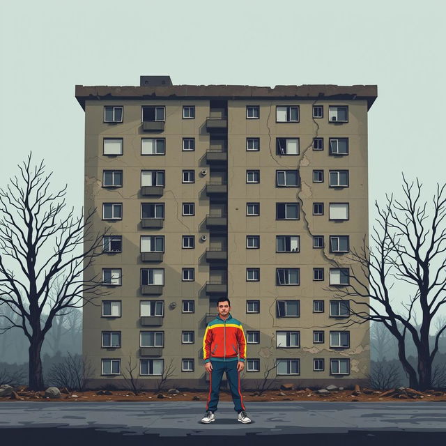 A pixel art illustration of a large, dilapidated apartment building, characterized by its cracked and peeling exterior
