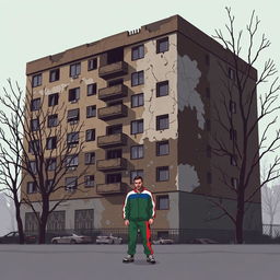 A pixel art illustration of a large, dilapidated apartment building, characterized by its cracked and peeling exterior