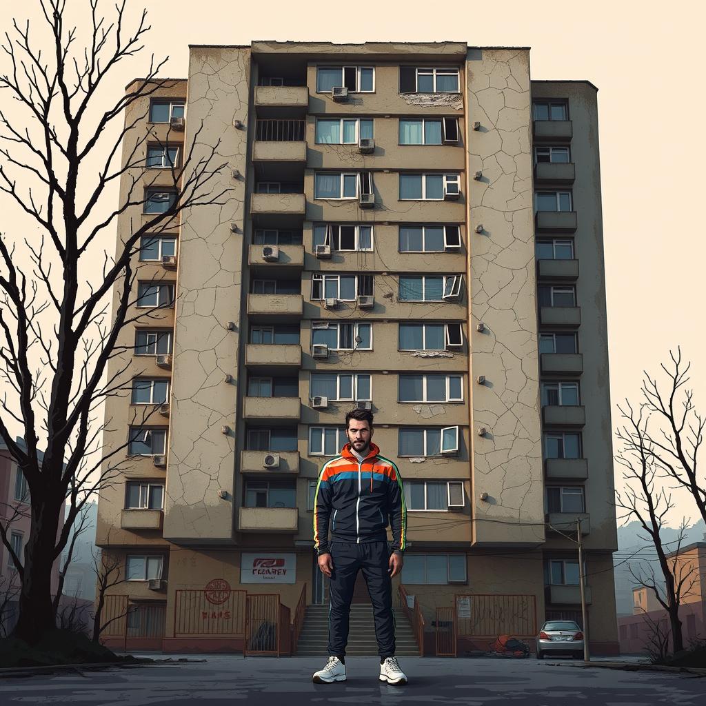 A pixel art illustration of a large, dilapidated apartment building, characterized by its cracked and peeling exterior