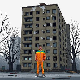 A pixel art illustration of a large, dilapidated apartment building, characterized by its cracked and peeling exterior