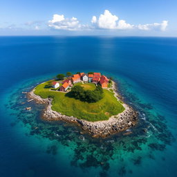 An aerial view of a picturesque village located on a small island, featuring charming houses with colorful rooftops