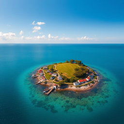 An aerial view of a picturesque village located on a small island, featuring charming houses with colorful rooftops