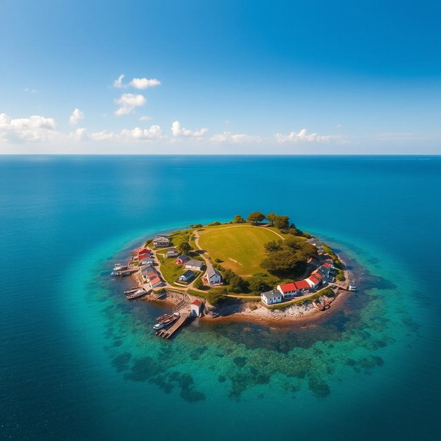 An aerial view of a picturesque village located on a small island, featuring charming houses with colorful rooftops