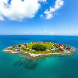 An aerial view of a picturesque village located on a small island, featuring charming houses with colorful rooftops