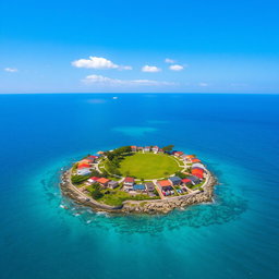 An aerial view of a picturesque village located on a small island, featuring charming houses with colorful rooftops