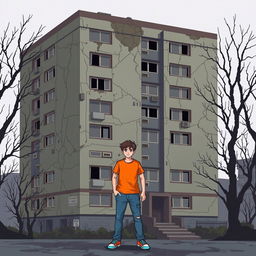 A pixel art illustration of a large, dilapidated apartment building, featuring a cracked and peeling exterior