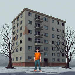 A pixel art illustration of a large, dilapidated apartment building, featuring a cracked and peeling exterior