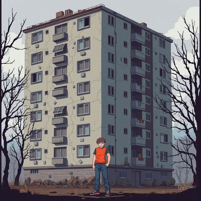 A pixel art illustration of a large, dilapidated apartment building, featuring a cracked and peeling exterior