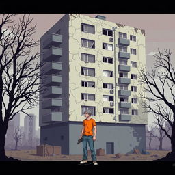 A pixel art illustration of a large, dilapidated apartment building, featuring a cracked and peeling exterior