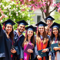 A vibrant graduation photo featuring a diverse group of young adults proudly wearing their graduation caps and gowns