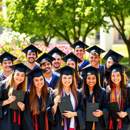 A vibrant graduation photo featuring a diverse group of young adults proudly wearing their graduation caps and gowns