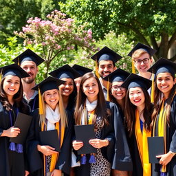 A vibrant graduation photo featuring a diverse group of young adults proudly wearing their graduation caps and gowns