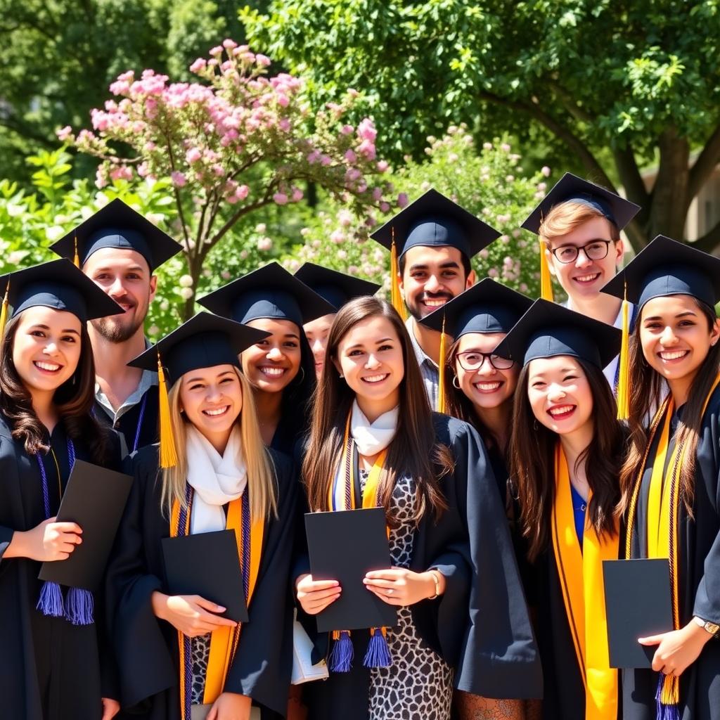 A vibrant graduation photo featuring a diverse group of young adults proudly wearing their graduation caps and gowns