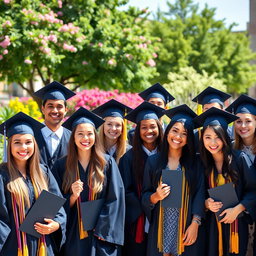 A vibrant graduation photo featuring a diverse group of young adults proudly wearing their graduation caps and gowns