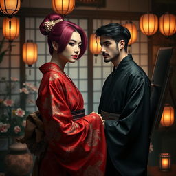 An intimate and atmospheric scene set in the private quarters of Yoshiwara, featuring a nape-length magenta-haired beautiful male courtesan dressed in an ornate crimson red kimono adorned with intricate camellia patterns