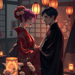 An intimate and atmospheric scene set in the private quarters of Yoshiwara, featuring a nape-length magenta-haired beautiful male courtesan dressed in an ornate crimson red kimono adorned with intricate camellia patterns