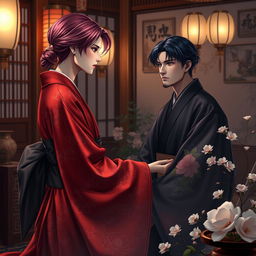 An intimate and atmospheric scene set in the private quarters of Yoshiwara, featuring a nape-length magenta-haired beautiful male courtesan dressed in an ornate crimson red kimono adorned with intricate camellia patterns