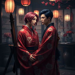 An intimate and atmospheric scene set in the private quarters of Yoshiwara, featuring a nape-length magenta-haired beautiful male courtesan dressed in an ornate crimson red kimono adorned with intricate camellia patterns