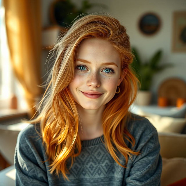 A realistic portrait of a 20-year-old German woman with ginger hair, flowing and textured, bright green eyes that sparkle with youthfulness