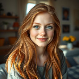 A realistic portrait of a 20-year-old German woman with ginger hair, flowing and textured, bright green eyes that sparkle with youthfulness
