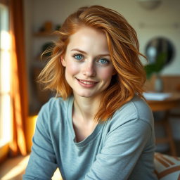 A realistic portrait of a 20-year-old German woman with ginger hair, flowing and textured, bright green eyes that sparkle with youthfulness