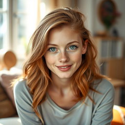 A realistic portrait of a 20-year-old German woman with ginger hair, flowing and textured, bright green eyes that sparkle with youthfulness