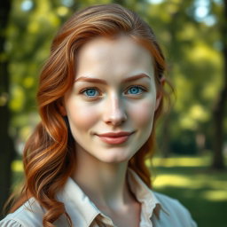 A realistic portrait of a 20-year-old German woman with beautiful ginger hair, styled in soft waves that frame her face