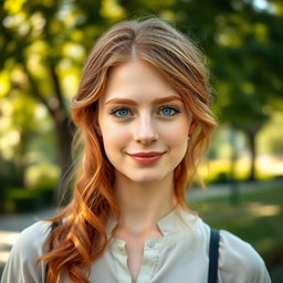 A realistic portrait of a 20-year-old German woman with beautiful ginger hair, styled in soft waves that frame her face