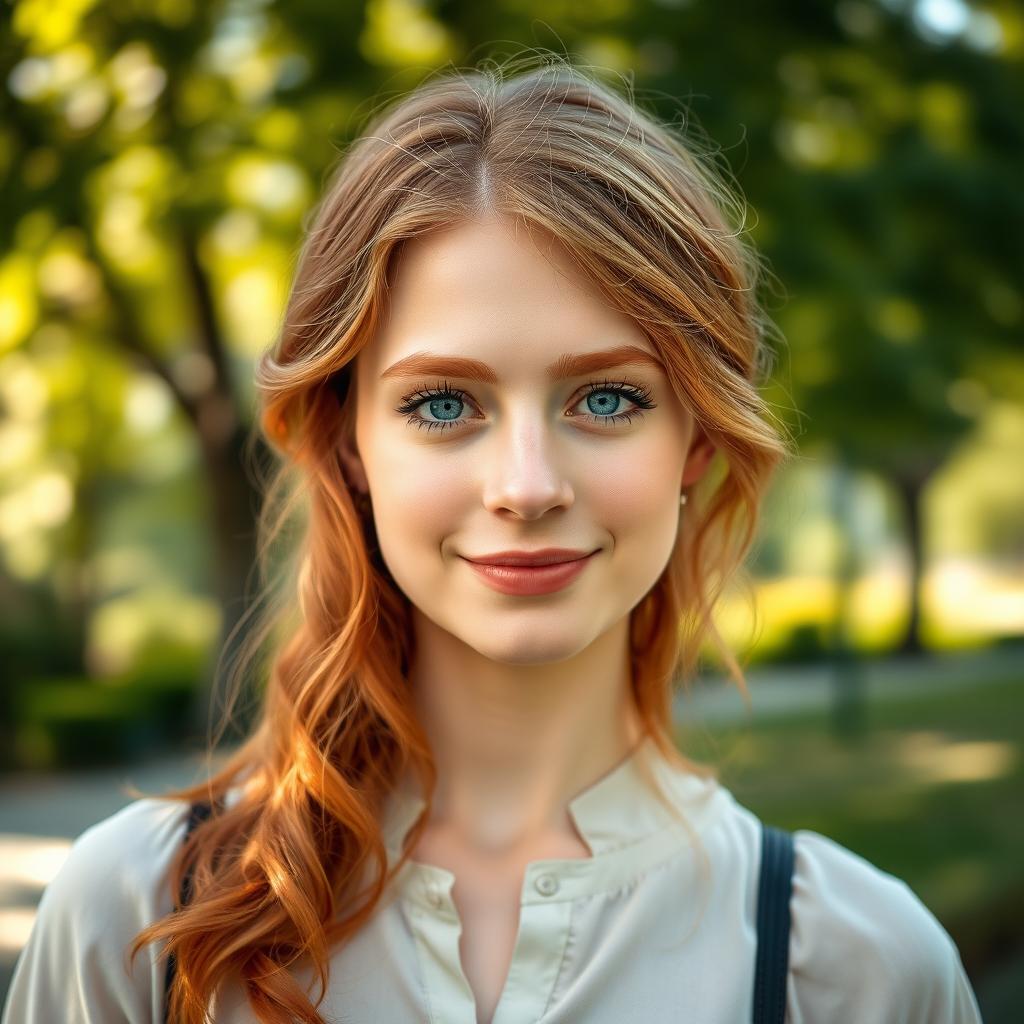 A realistic portrait of a 20-year-old German woman with beautiful ginger hair, styled in soft waves that frame her face