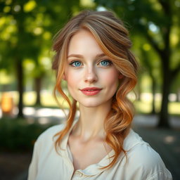 A realistic portrait of a 20-year-old German woman with beautiful ginger hair, styled in soft waves that frame her face