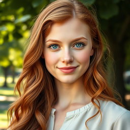 A realistic portrait of a 20-year-old German woman with beautiful ginger hair, styled in soft waves that frame her face
